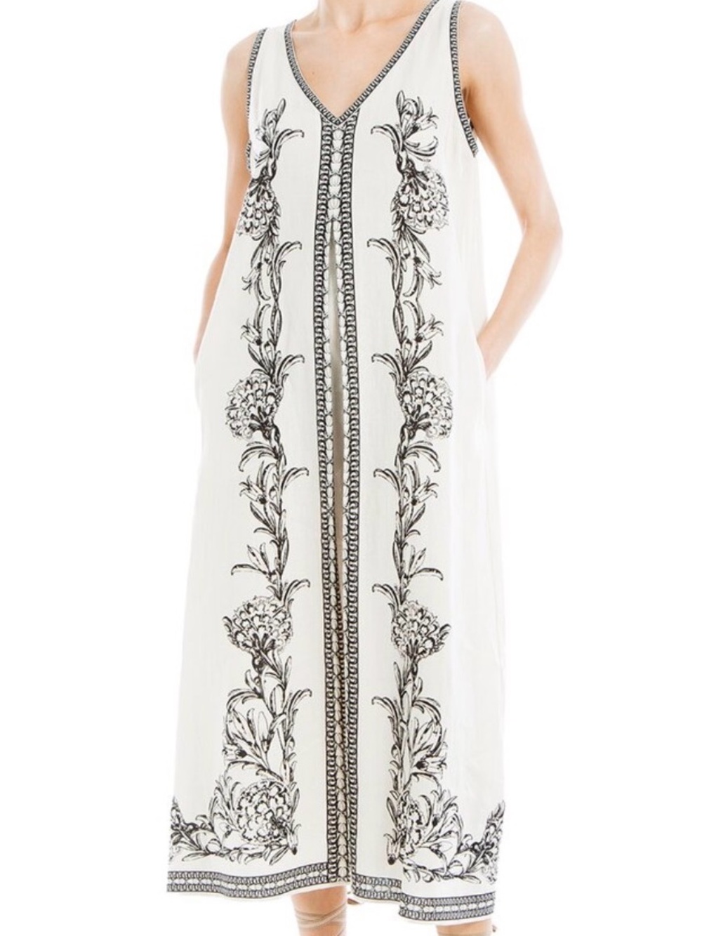 Max Studio v-neck  Sleeveless White Maxi Dress with Black Floral Embroidery XL